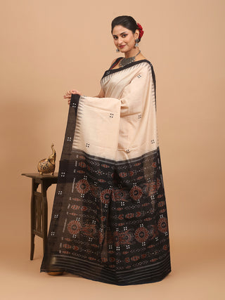 Beige And Black Handwoven Odisha Pure Handloom Punji Buti Cotton Saree