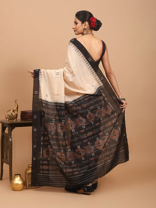 Beige And Black Handwoven Odisha Pure Handloom Punji Buti Cotton Saree