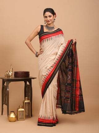 Beige Odisha Handloom Double Border Punji Buti Cotton Saree