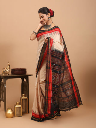 Beige Odisha Handloom Double Border Punji Buti Cotton Saree