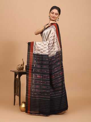 Beige Odisha Handloom Cotton Saree With Double Border And Ikkat Weaves