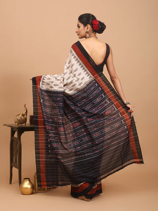 Beige Odisha Handloom Cotton Saree With Double Border And Ikkat Weaves