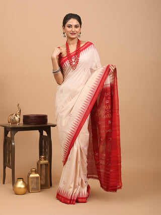 Beige And Red Handwoven Odisha Pure Handloom Punji Buti Cotton Saree
