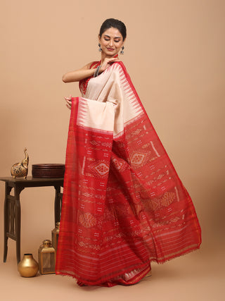 Beige And Red Handwoven Odisha Pure Handloom Punji Buti Cotton Saree