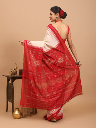 Beige And Red Handwoven Odisha Pure Handloom Punji Buti Cotton Saree