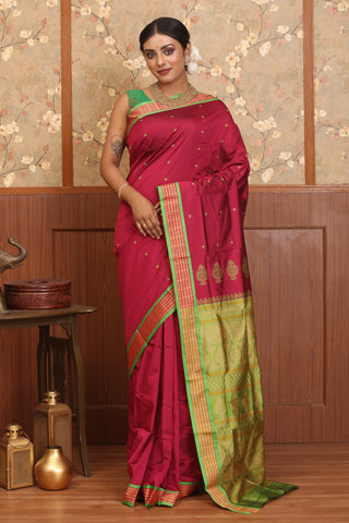 Deep Magenta Bomkai Weave Polyester Silk Saree