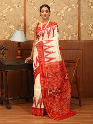 Cream And Red Odisha Handloom Khandua Silk Saree with Grand Temple Borders