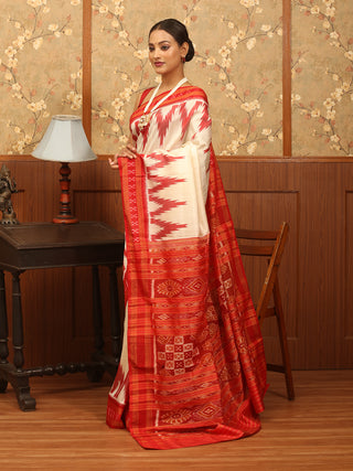 Cream And Red Odisha Handloom Khandua Silk Saree with Grand Temple Borders