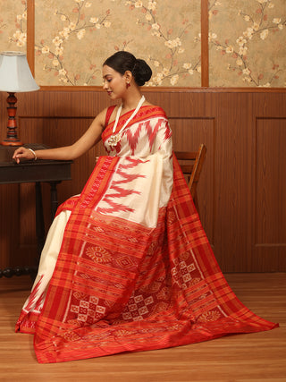 Cream And Red Odisha Handloom Khandua Silk Saree with Grand Temple Borders