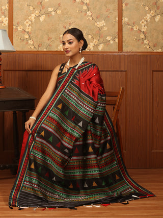 Red And Black Odisha Handloom Dongria Silk Saree