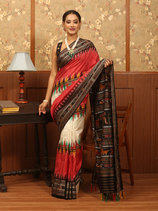 White And Red Khandua Sachipar Odisha Handloom Silk Saree