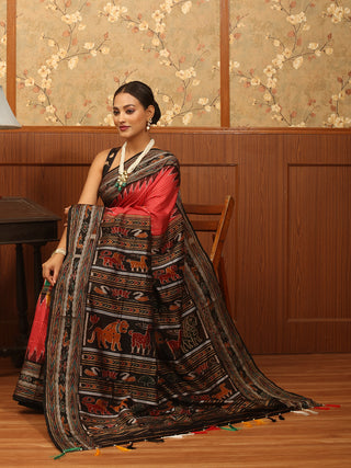 White And Red Khandua Sachipar Odisha Handloom Silk Saree