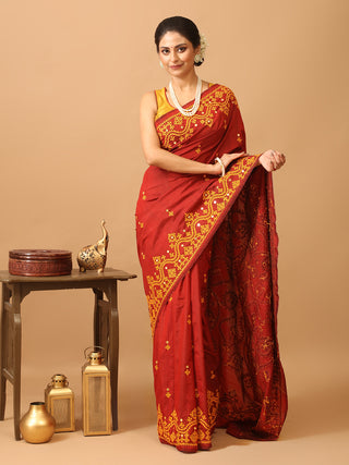 Rust Colour Bishnupur Pure Katan Silk Saree With Gujarati Hand Embroidery