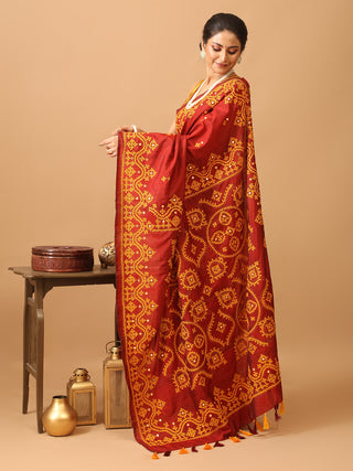 Rust Colour Bishnupur Pure Katan Silk Saree With Gujarati Hand Embroidery