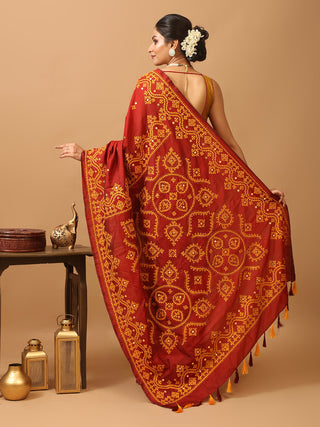 Rust Colour Bishnupur Pure Katan Silk Saree With Gujarati Hand Embroidery