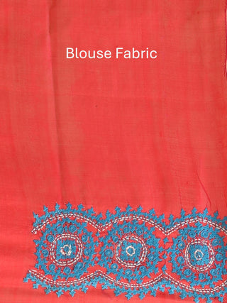 Denim Blue And Carmine Red Bishnupur Pure Katan Silk Saree With Gujarati Hand Embroidery
