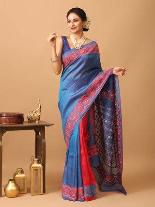 Denim Blue And Carmine Red Bishnupur Pure Katan Silk Saree With Gujarati Hand Embroidery