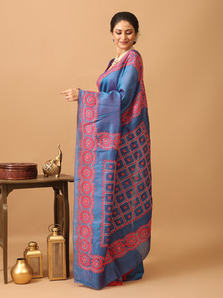 Denim Blue And Carmine Red Bishnupur Pure Katan Silk Saree With Gujarati Hand Embroidery