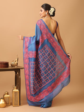 Denim Blue And Carmine Red Bishnupur Pure Katan Silk Saree With Gujarati Hand Embroidery