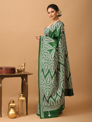 Emerald Green Bangalore Pure Silk Saree With Gujarati Hand Embroidery