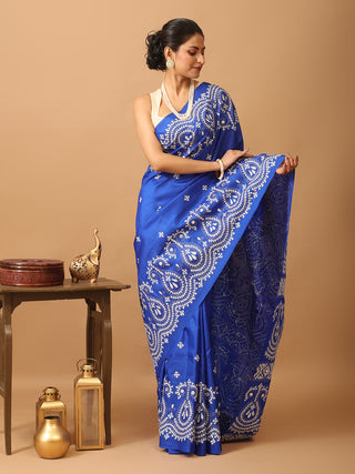 Royal Blue Bangalore Pure Silk Saree With Gujarati Hand Embroidery