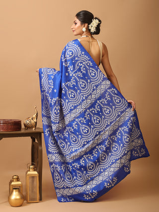 Royal Blue Bangalore Pure Silk Saree With Gujarati Hand Embroidery