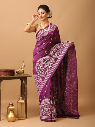 Purple Bangalore Pure Silk Saree With Gujarati Hand Embroidery