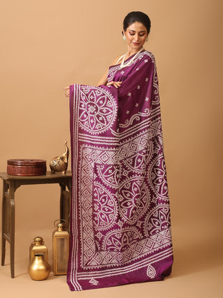 Purple Bangalore Pure Silk Saree With Gujarati Hand Embroidery