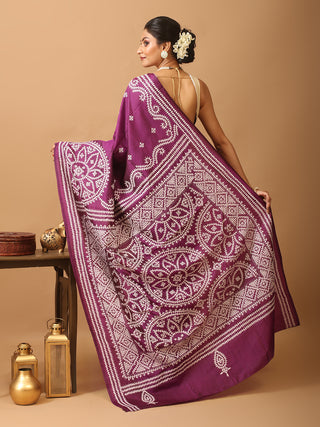 Purple Bangalore Pure Silk Saree With Gujarati Hand Embroidery