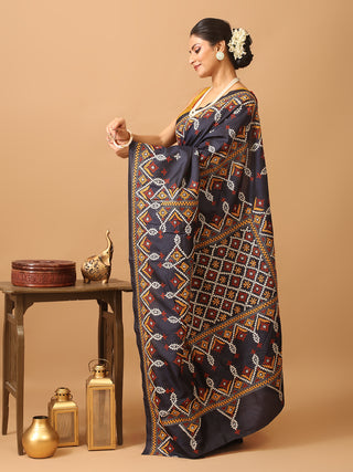 Midnight Blue Bangalore Pure Silk Saree With Gujarati Hand Embroidery