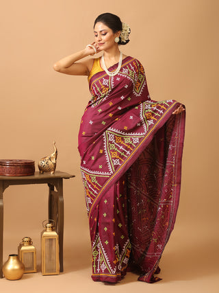 Wine Colour Bangalore Pure Silk Saree With Gujarati Hand Embroidery