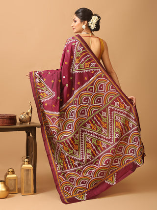 Wine Colour Bangalore Pure Silk Saree With Gujarati Hand Embroidery