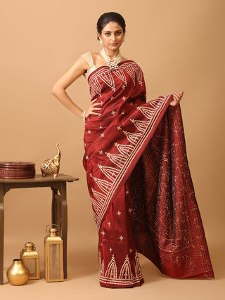 Maroon Bangalore Pure Silk Saree With Gujarati Hand Embroidery