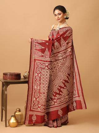 Maroon Bangalore Pure Silk Saree With Gujarati Hand Embroidery