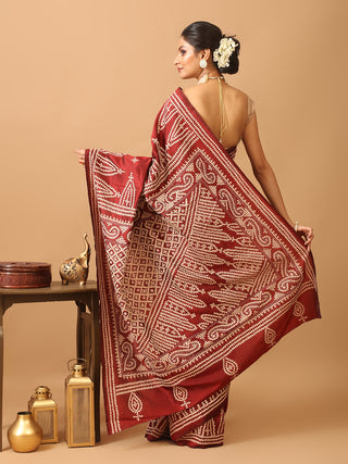 Maroon Bangalore Pure Silk Saree With Gujarati Hand Embroidery