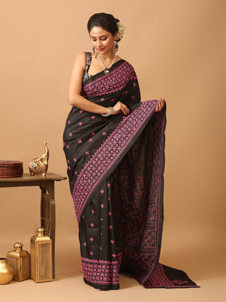 Black Bangalore Pure Silk Saree With Gujarati Hand Embroidery