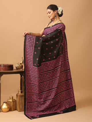 Black Bangalore Pure Silk Saree With Gujarati Hand Embroidery
