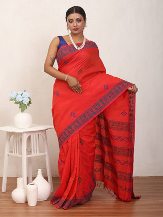 Red Polycotton Saree With Hand Block Print