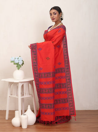 Red Polycotton Saree With Hand Block Print