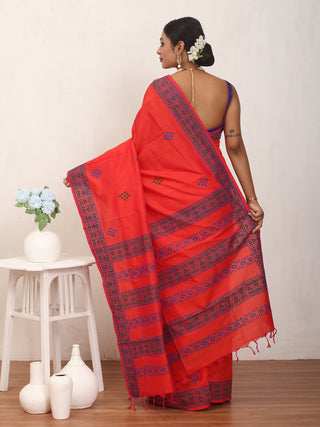 Red Polycotton Saree With Hand Block Print