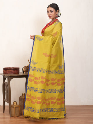 Lemon Yellow Polycotton Saree With Hand Block Print