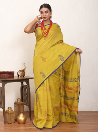Lemon Yellow Polycotton Saree With Hand Block Print