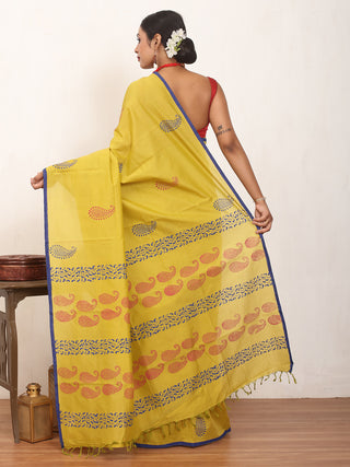 Lemon Yellow Polycotton Saree With Hand Block Print