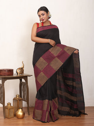 Black Polycotton Saree With Hand Block Print