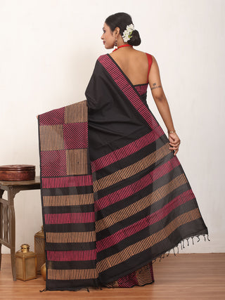 Black Polycotton Saree With Hand Block Print