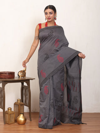 Elephant Grey Polycotton Saree With Hand Block Print