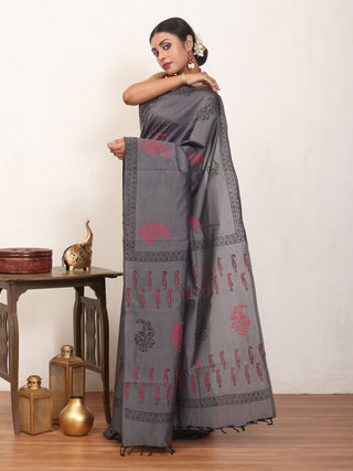 Elephant Grey Polycotton Saree With Hand Block Print