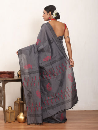 Elephant Grey Polycotton Saree With Hand Block Print