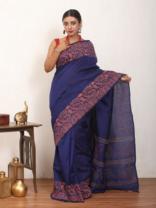Navy Blue Polycotton Saree With Hand Block Print