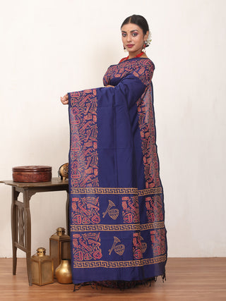 Navy Blue Polycotton Saree With Hand Block Print
